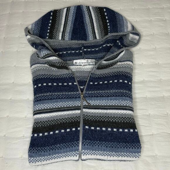 VTG Dressbarn Fair Isle Full Zip Hoodie Sweater Women's M Blue Gray White - Picture 12 of 12